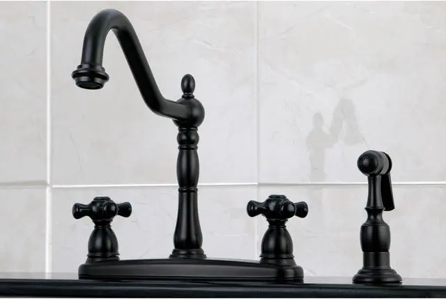 Alt view image 7 of 8 - Kingston Brass KB1755PKXBS 8 in. Victorian Centerset Kitchen Faucet & Brass Sprayer with Classic Cross Handle, Oil Rubbed Bronze