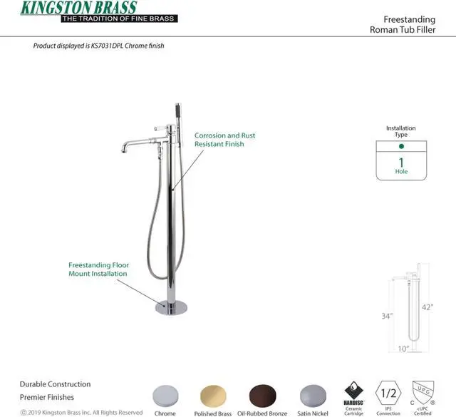 Alt view image 4 of 4 - Kingston Brass KS7038DPL Paris Paris Single Handle Freestanding Roman Tub Filler with Hand Shower, Brushed Nickel