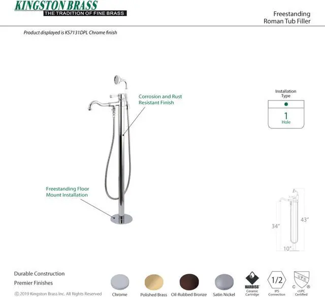 Alt view image 7 of 7 - Kingston Brass KS7135DPL Paris Paris Single Handle Freestanding Roman Tub Filler with Hand Shower, Oil Rubbed Bronze