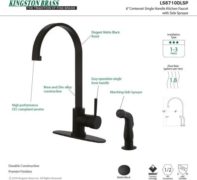 Alt view image 6 of 8 - Gourmetier LS8710DLSP 8-inch Centerset Kitchen Faucet with Side Sprayer, Matte Black
