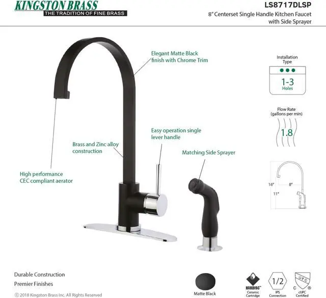 Alt view image 6 of 8 - Gourmetier LS8717DLSP 8-inch Centerset Kitchen Faucet with Side Sprayer, Matte Black/Chrome