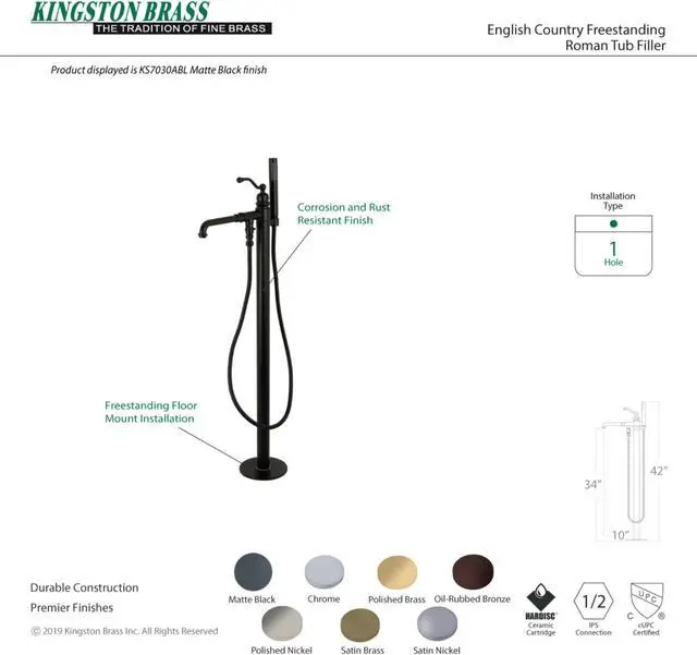 Alt view image 4 of 4 - Kingston Brass KS7036ABL English Country English Country Single Handle Freestanding Roman Tub Filler with Hand Shower, Polished Nickel