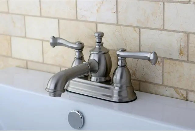 Alt view image 6 of 6 - Kingston Brass KS7008FL 4 in. Centerset Lavatory Faucet with Heritage Spout & Metal Lever Handle, Satin Nickel
