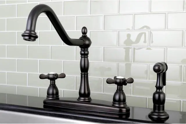Alt view image 4 of 5 - Kingston Brass KB1755BEXBS 8 in. Centerset Kitchen Faucet & Brass Sprayer with Classic Cross Handle, Oil Rubbed Bronze