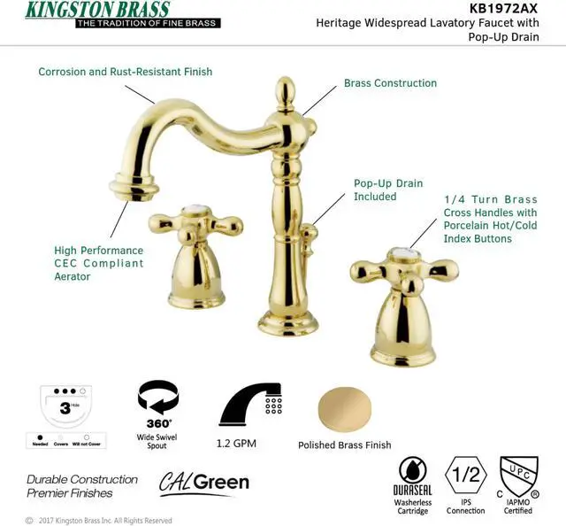 Alt view image 5 of 6 - Kingston Brass Wide Spread Lavatory Faucet With Metal Cross Handle Pb