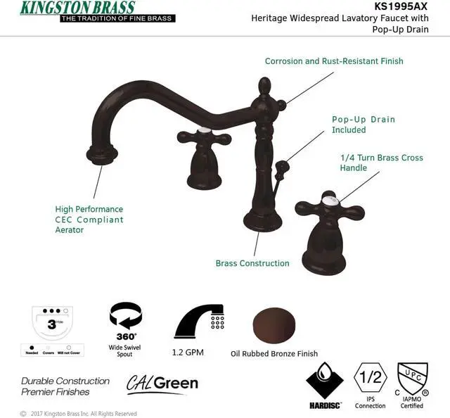 Alt view image 5 of 5 - Kingston Brass KS1995AX Heritage Widespread Lavatory Faucet with Cross Handle & Brass Pop-Up, Oil Rubbed Bronze