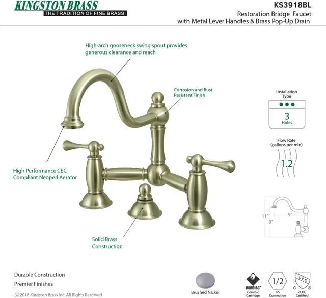 Alt view image 9 of 9 - Kingston Brass KS3918BL Restoration Bathroom Bridge Faucet, Brushed Nickel