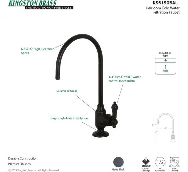 Alt view image 11 of 11 - Kingston Brass KS5190BAL Traditional Heirloom Single-Handle Water Filtration Faucet - Matte Black