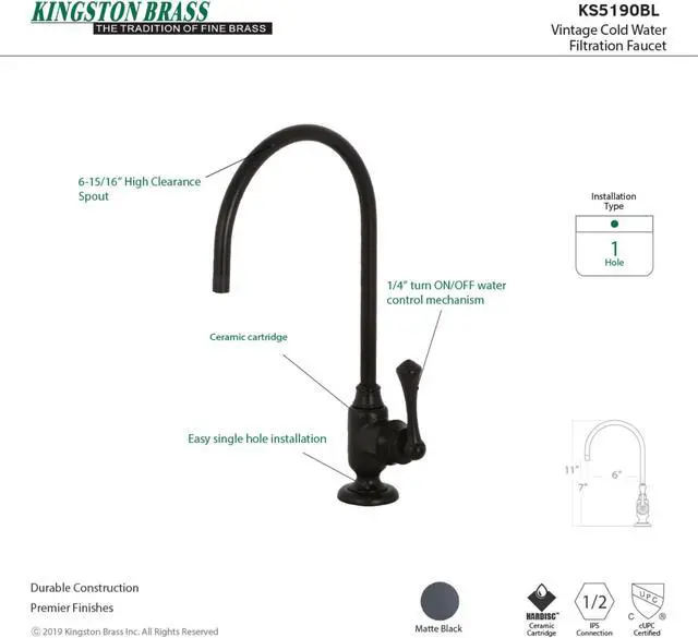 Alt view image 11 of 11 - Kingston Brass KS5190BL Traditional Vintage Single-Handle Water Filtration Faucet - Matte Black