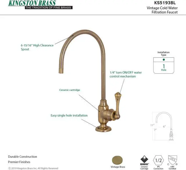 Alt view image 11 of 11 - Kingston Brass KS5193BL Traditional Vintage Single-Handle Water Filtration Faucet - Vintage Brass