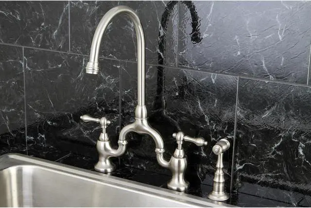 Alt view image 8 of 8 - Kingston Brass KS7798ALBS English Country Kitchen Bridge Faucet with Brass Sprayer, Satin Nickel