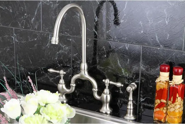 Alt view image 7 of 8 - Kingston Brass KS7798ALBS English Country Kitchen Bridge Faucet with Brass Sprayer, Satin Nickel