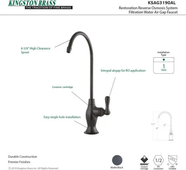 Alt view image 4 of 4 - Kingston Brass KSAG3190AL Traditional Reverse Osmosis System Filtration Water Air Gap Faucet - Matte Black
