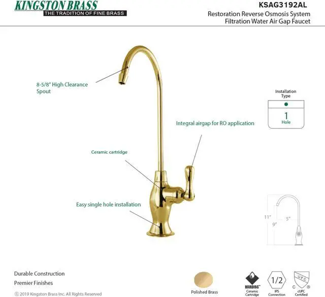 Alt view image 4 of 4 - Kingston Brass KSAG3192AL Traditional Reverse Osmosis System Filtration Water Air Gap Faucet - Polished Brass