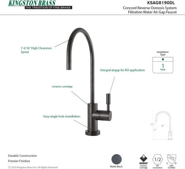 Alt view image 4 of 4 - Kingston Brass KSAG8190DL Modern Reverse Osmosis System Filtration Water Air Gap Faucet - Matte Black