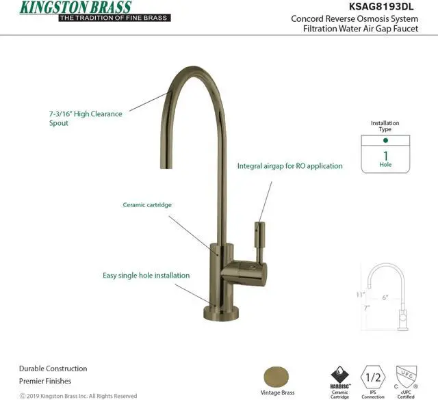 Alt view image 6 of 6 - KINGSTON BRASS KSAG8193DL REVERSE OSMOSIS SYSTEM FILTRATION WATER AIR GAP FAUCET, ANTIQUE BRASS