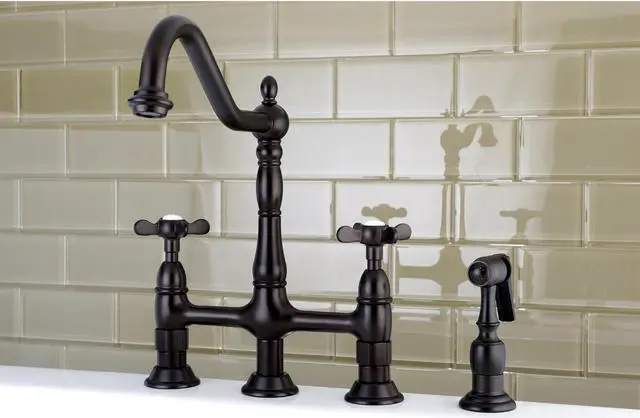 Alt view image 7 of 10 - Kingston Brass KS1275BEXBS 8 in. Centerset Kitchen Faucet & Brass Sprayer with Metal Cross Handle, Oil Rubbed Bronze