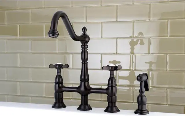 Alt view image 9 of 10 - Kingston Brass KS1275BEXBS 8 in. Centerset Kitchen Faucet & Brass Sprayer with Metal Cross Handle, Oil Rubbed Bronze