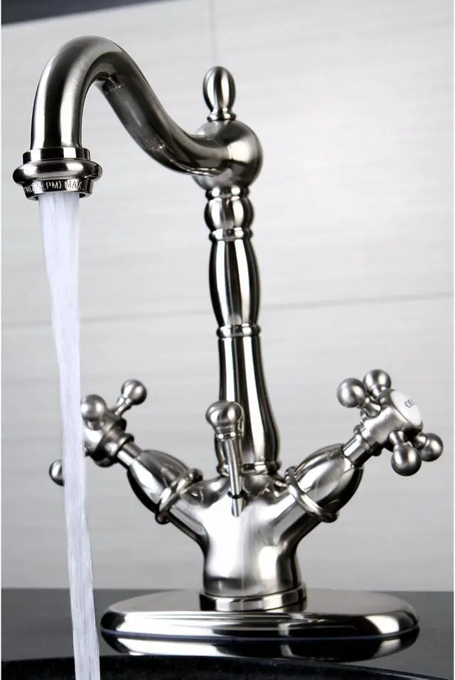 Alt view image 7 of 9 - Kingston Brass KS1438BX 4 in. Deck Plate Lavatory Faucet with Cross Handle & Handle & Brass Pop-Up, Satin Nickel