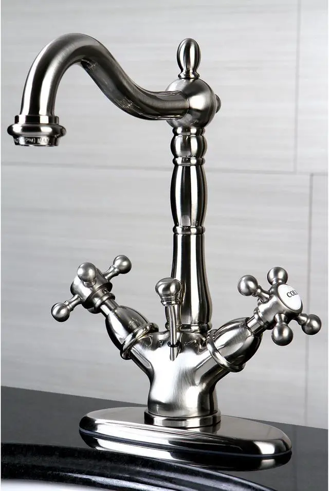 Alt view image 8 of 9 - Kingston Brass KS1438BX 4 in. Deck Plate Lavatory Faucet with Cross Handle & Handle & Brass Pop-Up, Satin Nickel