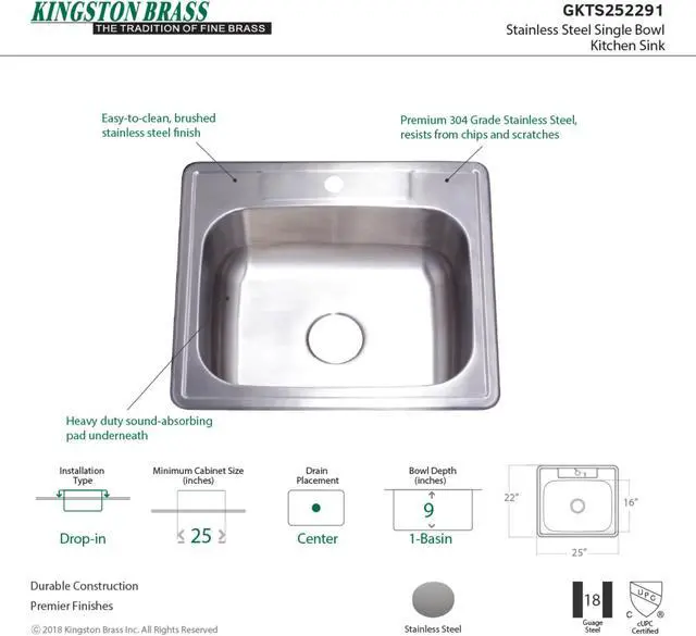 Alt view image 4 of 4 - Gourmetier GKTS252291 25"x22"x9" Self-Rimming Single Bowl Kitchen Sink (1 Hole), Brushed