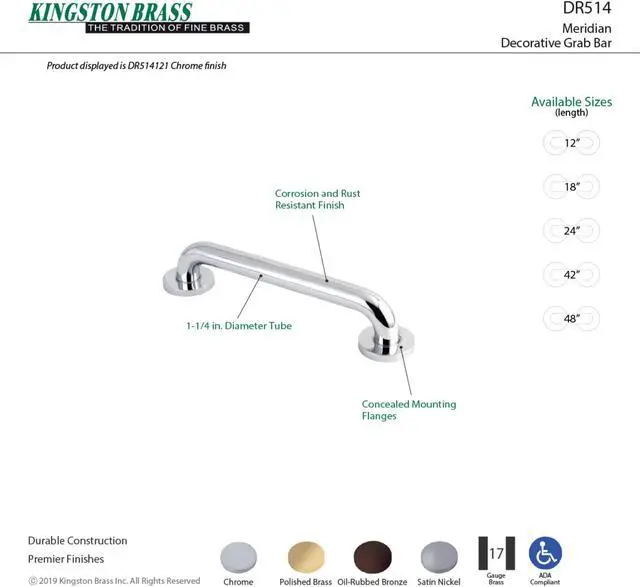 Alt view image 6 of 6 - Kingston Brass DR514246 Meridian 24" Decorative ADA Grab Bar, Polished Nickel