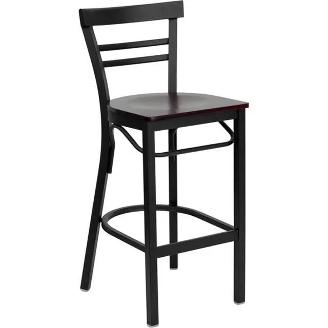 Alt view image 3 of 6 - Flash Furniture XU-DG6R9BLAD-BAR-MAHW-GG Hercules Series Black Ladder Back Metal Restaurant Bar Stool with Mahogany Wood Seat