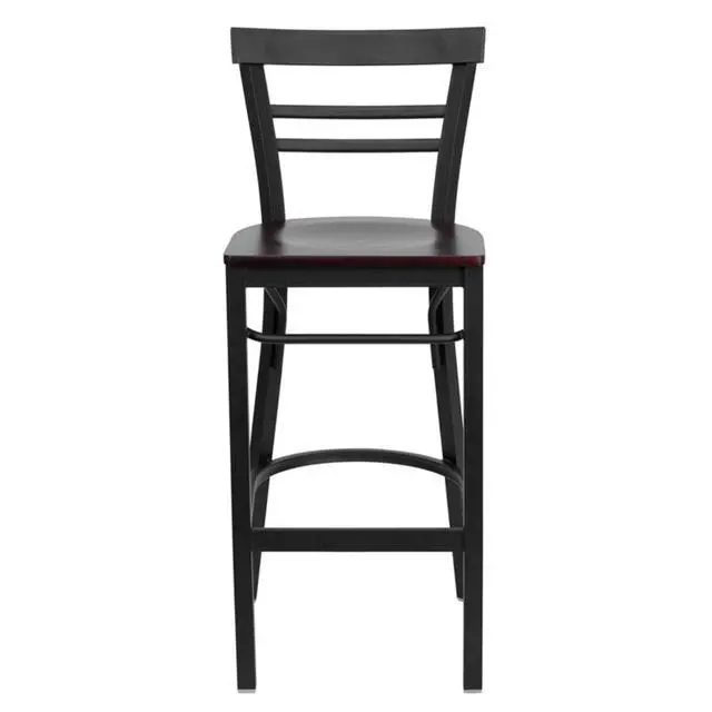 Alt view image 6 of 6 - Flash Furniture XU-DG6R9BLAD-BAR-MAHW-GG Hercules Series Black Ladder Back Metal Restaurant Bar Stool with Mahogany Wood Seat