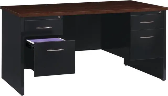 Alt view image 2 of 3 - Lorell Double Pedestal Desk 30"x60" Black/Walnut 79141
