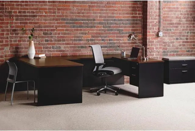 Alt view image 3 of 3 - Lorell Double Pedestal Desk 30"x60" Black/Walnut 79141