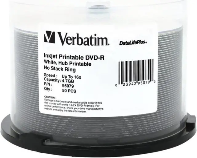 Alt view image 3 of 3 - Verbatim Corporation VER95079 DVD-R- Inkjet-Hub Printable White- 4.7GB- 16X- 50-PK