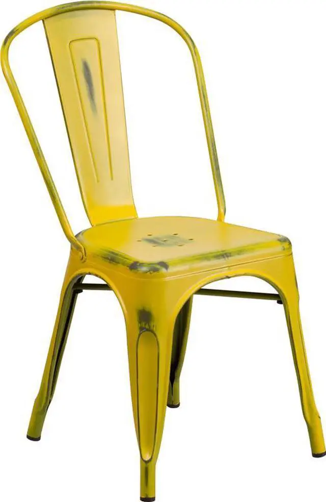 Alt view image 16 of 19 - Commercial Grade Distressed Yellow Metal Indoor-Outdoor Stackable Chair