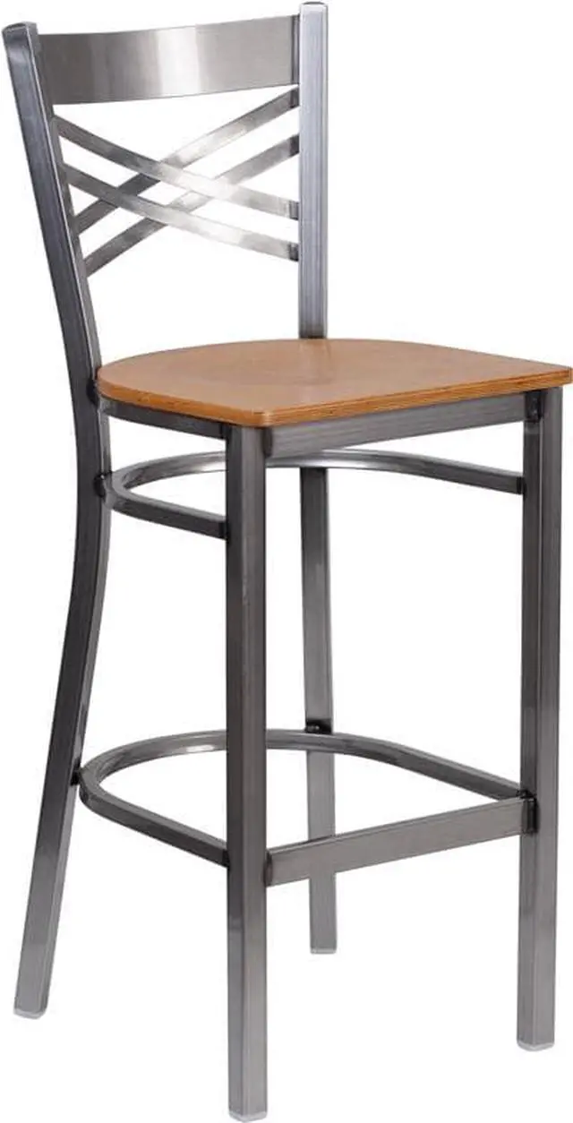 Main image of Flash Furniture HERCULES Series Clear Coated ''X'' Back Metal Restaurant Barstool - Natural Wood Seat