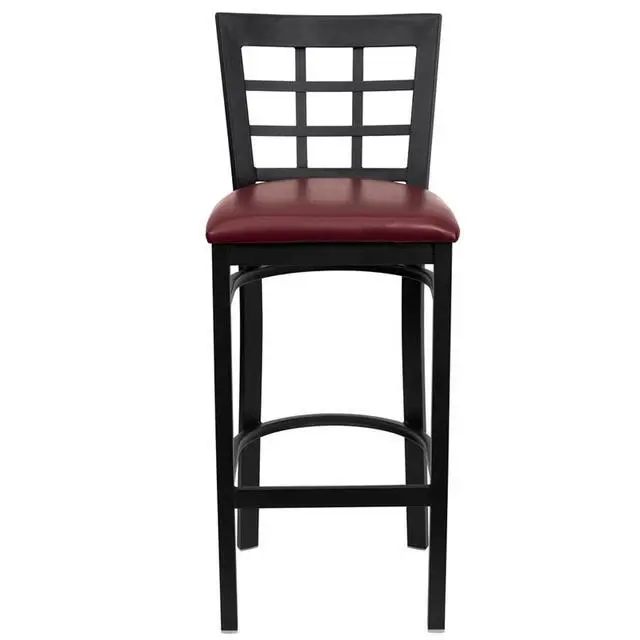 Alt view image 8 of 15 - HERCULES Series Black Window Back Metal Restaurant Barstool - Burgundy Vinyl Seat
