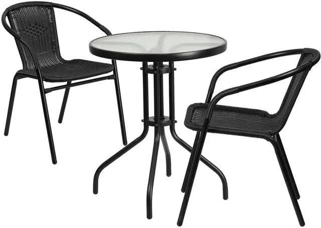 Main image of Flash Furniture 23.75'' Round Glass Metal Table with 2 Black Rattan Stack Chairs