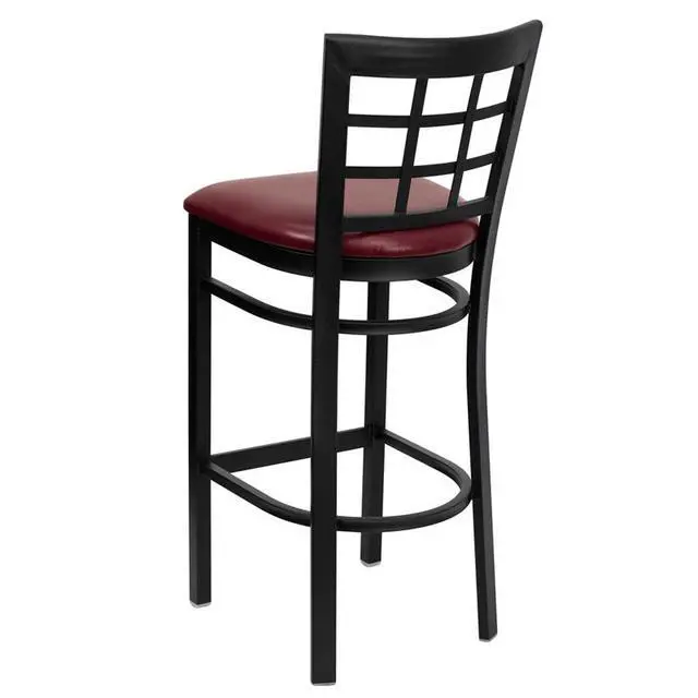 Alt view image 7 of 15 - HERCULES Series Black Window Back Metal Restaurant Barstool - Burgundy Vinyl Seat