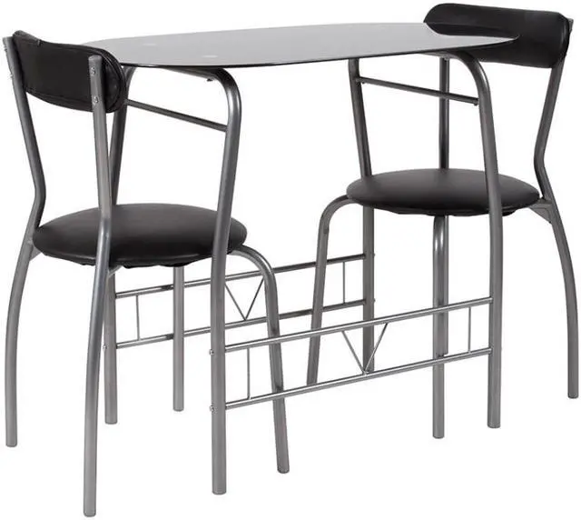 Alt view image 8 of 12 - Sutton 3 Piece Space-Saver Bistro Set with Black Glass Top Table and Black Vinyl Padded Chairs