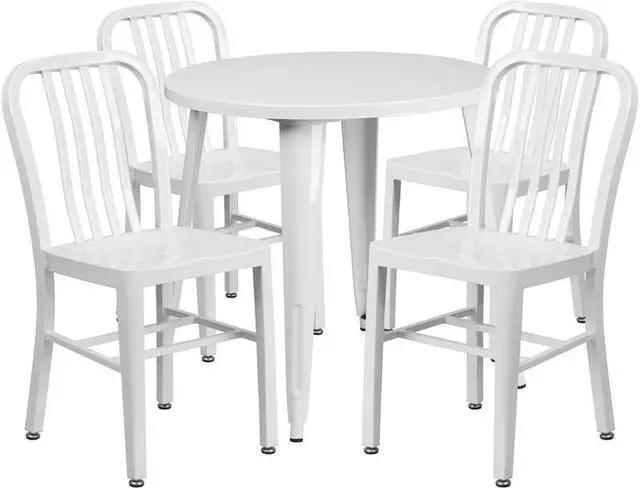 Alt view image 7 of 7 - 30'' Round White Metal Indoor-Outdoor Table Set with 4 Vertical Slat Back Chairs