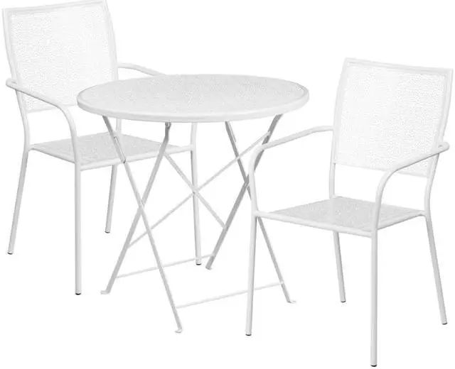 Alt view image 7 of 19 - Flash Furniture Oia Indoor-Outdoor 30" Round Steel Folding Patio Table Set with 2 Square Back Chairs White (CO30RDF02CHR2WH)