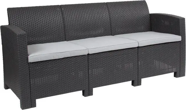 Alt view image 15 of 20 - Dark Gray Faux Rattan Sofa with All-Weather Light Gray Cushions