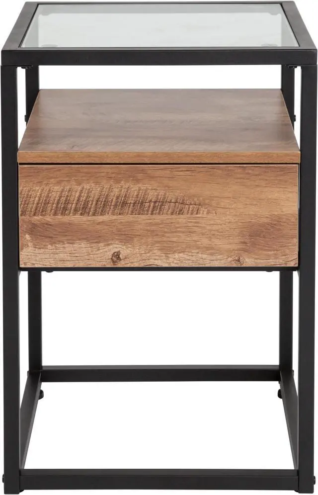 Alt view image 19 of 19 - Flash Furniture Cumberland Collection Glass End Table with Drawer and Shelf, Rustic Wood Grain Finish