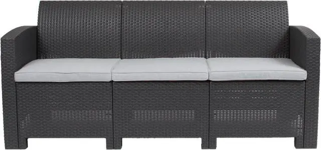 Alt view image 18 of 20 - Dark Gray Faux Rattan Sofa with All-Weather Light Gray Cushions
