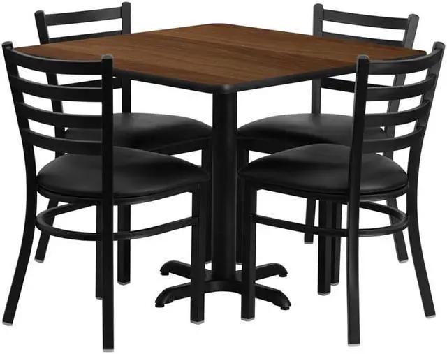 Main image of Flash Furniture Square Laminate Table Set with 4 Ladder Back Metal Vinyl Seat Chair, 36", Black/Walnut