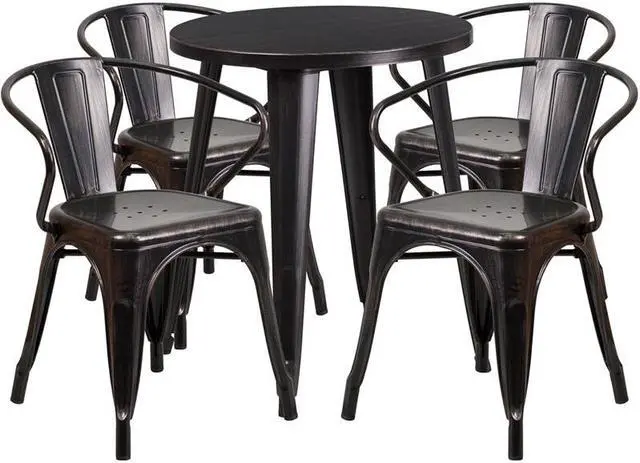 Alt view image 6 of 13 - Flash Furniture Chauncey Indoor-Outdoor 24" Round Table Set with 4 Arm Chairs Black-Antique Gold Metal (CH518TH418ABQ)