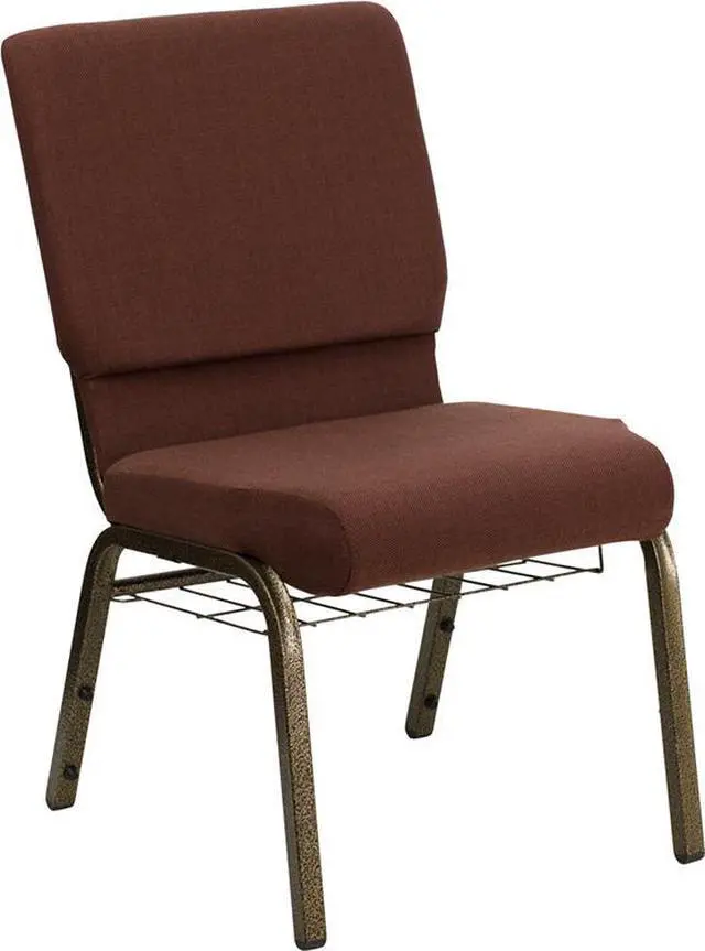 Alt view image 12 of 20 - HERCULES Series 18.5''W Church Chair in Brown Fabric with Cup Book Rack - Gold Vein Frame