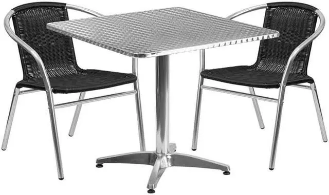 Alt view image 7 of 17 - 31.5'' Square Aluminum Indoor-Outdoor Table Set with 2 Black Rattan Chairs