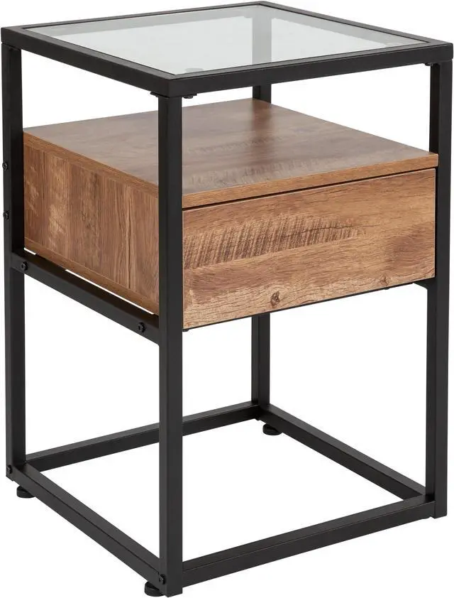 Main image of Flash Furniture Cumberland Collection Glass End Table with Drawer and Shelf, Rustic Wood Grain Finish