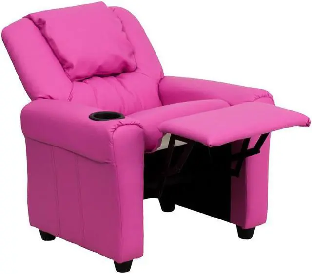 Alt view image 15 of 17 - Contemporary Hot Pink Vinyl Kids Recliner with Cup Holder and Headrest