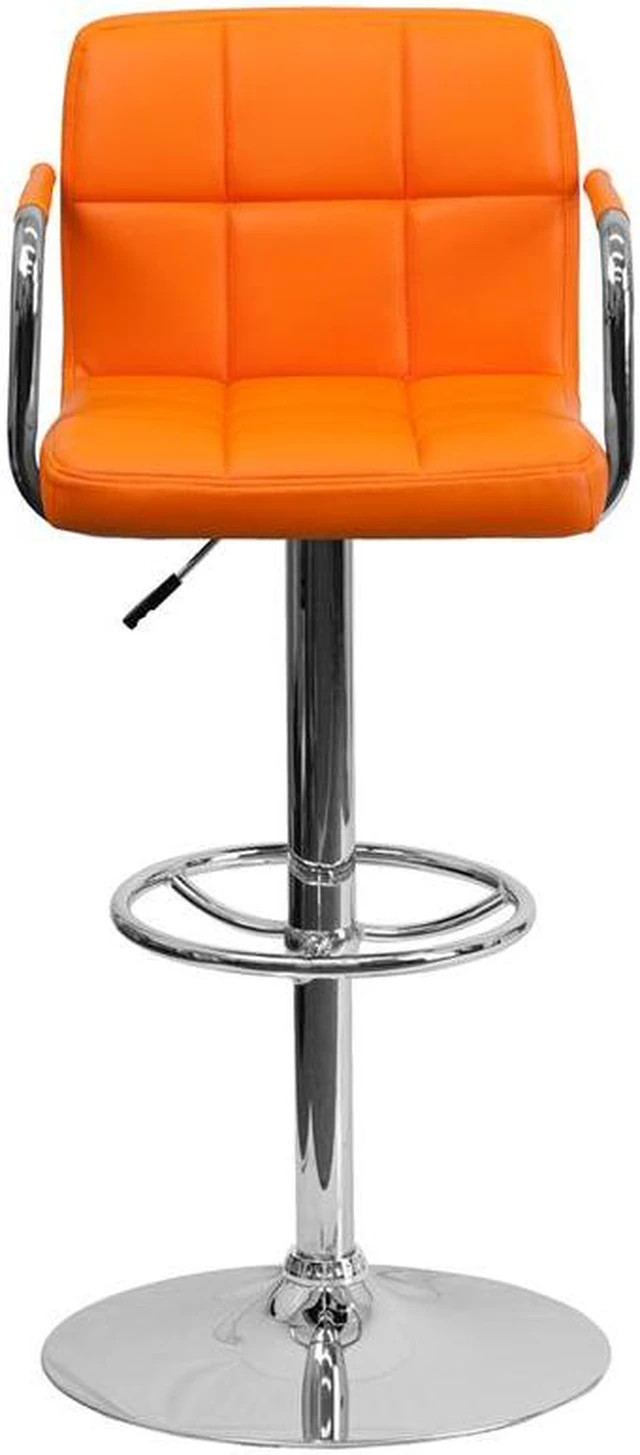 Alt view image 13 of 20 - Contemporary Orange Quilted Vinyl Adjustable Height Barstool with Arms and Chrome Base