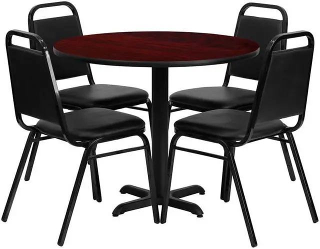 Main image of Flash Furniture HDBF1002-GG Round Mahogany Laminate Table Set with 4 Black Trapezoidal Back Banquet Chairs, 36"